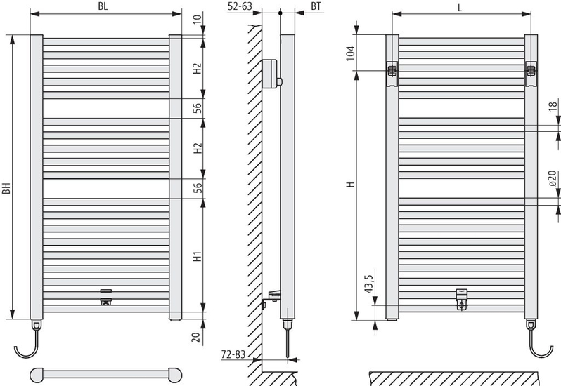 Těleso koupelnové trubkové elektrické Kermi Geneo circle-E 810 x 431 mm, elektrosada WFS vpravo 400 W, bílé