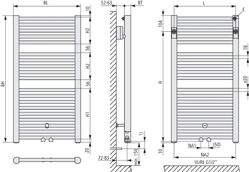 Těleso koupelnové trubkové Kermi Geneo circle 810 x 431 mm, středové připojení, 353 W, stříbrné