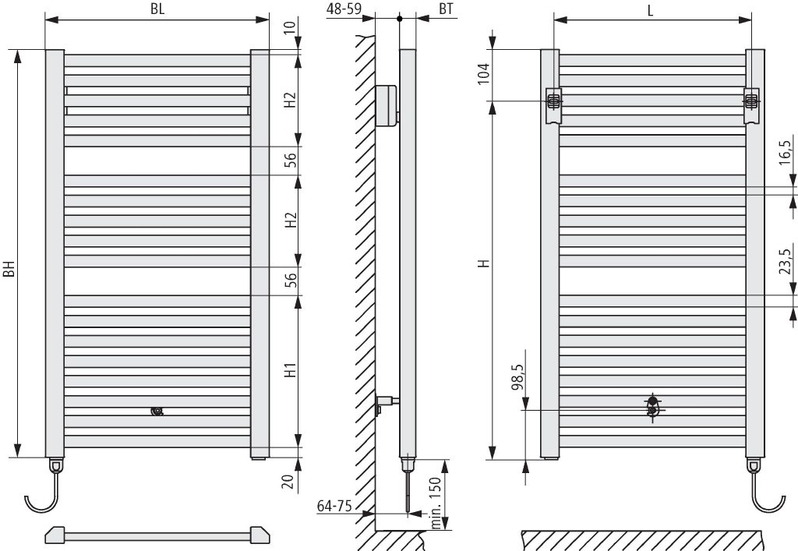 Těleso koupelnové trubkové elektrické Kermi Geneo quadris-E 814 x 447 mm, elektrosada WFS vlevo 400 W, stříbrné