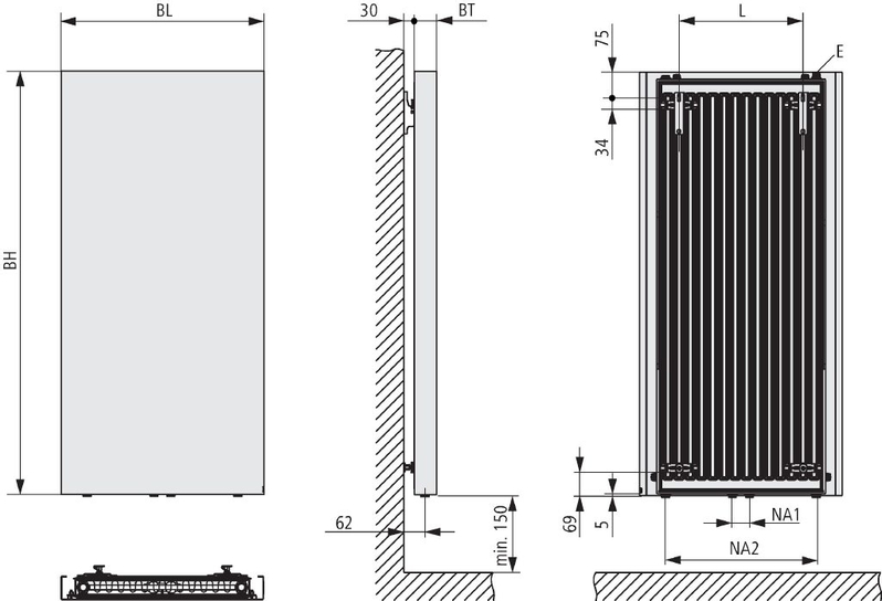 Těleso designové Kermi Rubeo 1525 x 470 mm, středové připojení, 1056 W, bílé