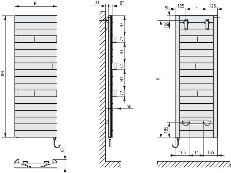 Těleso koupelnové designové elektrické Kermi Tabeo-E elektrosada WKS vpravo 600 W, 1197 x 500 mm, bílé