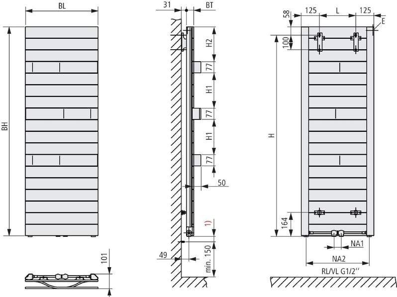 Těleso koupelnové designové Kermi Tabeo středové připojení 1197 x 500 mm, 646 W, bílé