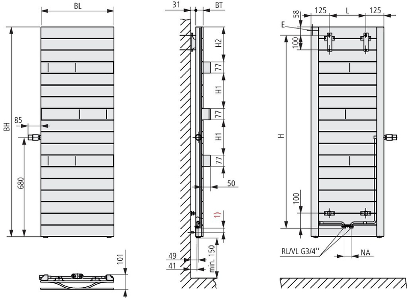 Těleso koupelnové designové Kermi Tabeo-V ventil vlevo 1197 x 500 mm, 685 W, bílé