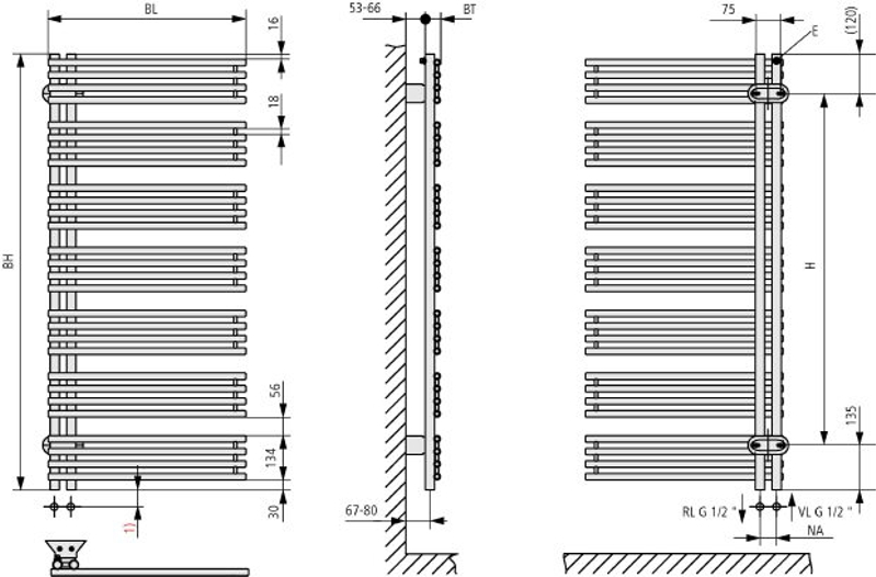 Těleso koupelnové trubkové Kermi Diveo 1700 x 600 mm, levé, připojení boční 940 W, bílé