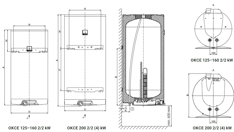 Ohřívač elektrický Dražice OKCE 200 2/4 kW, závěsný svislý , 2 nezávislé topné okruhy