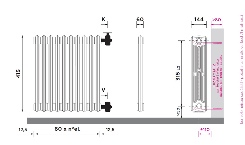 Radiátor litinový Laurens Biaxo 4-475 20 článků, 1300 W, na zem, bílá