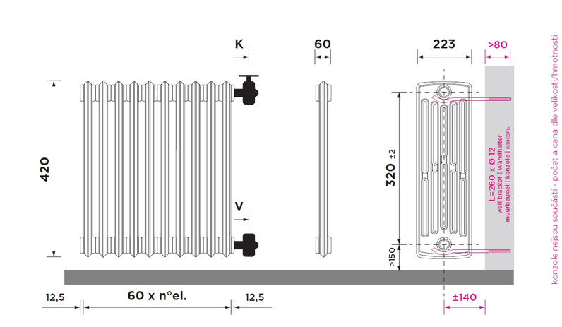 Radiátor litinový Laurens Biaxo 6-480 5 článků, 470 W, na stěnu, bílá