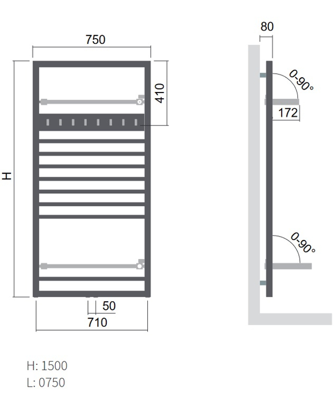 Těleso trubkové s poličkou Isan Finix 1500 x 300 mm, 912 W, univerzální připojení, sněhově bílá RAL 9016