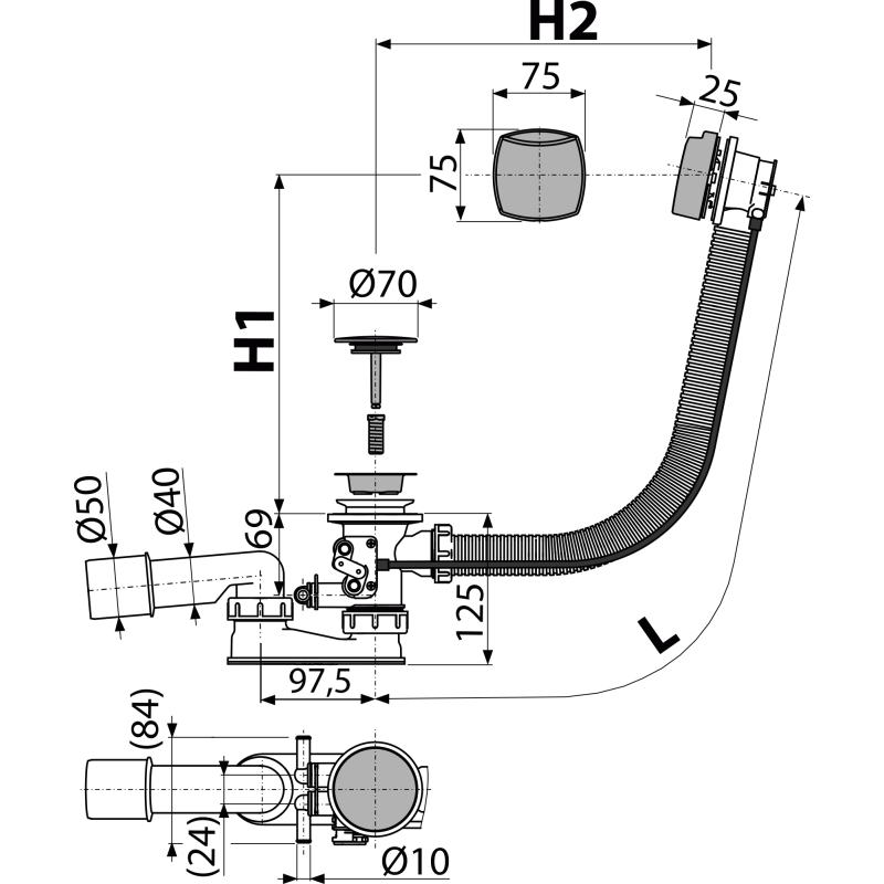 Sifon vanový Alcadrain (Alcaplast) pro hydromasážní vany, chrom A566-112122-80