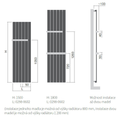 Těleso topné designové Isan Collom 1500 x 298 mm, 483 W, středové připojení, sněhově bílá RAL 9016