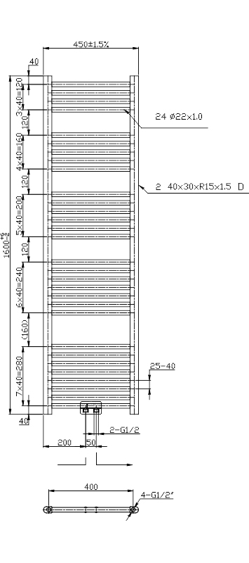 Novaservis Otopné těleso černé - rovné, středové připojení 450/1600/RS,5