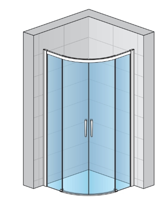 Čtvrtkruh Ronal Divera s dvoudílnými posuvnými dveřmi, rádius 550 mm 900 x 2000 mm, aluchrom/sklo Screen