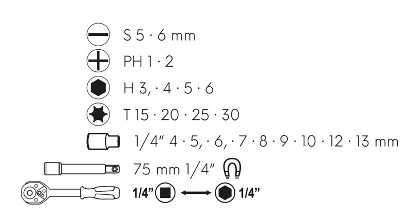 Sada oboustranná ráčna s bity a adaptery 1/4˝ 23ks