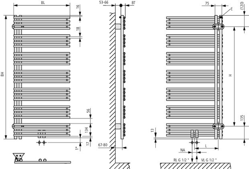 Těleso koupelnové trubkové Kermi Diveo 1700 x 450 mm, levé, připojení středové 734 W, bílé