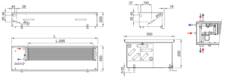 Konvektor podlahový s přirozenou konvekcí Isan Termo FRK 200 x 350 x 1500 mm, 947 W, připojení vlevo, výměník ocelový, mřížka Natur příčná rolovací hliník