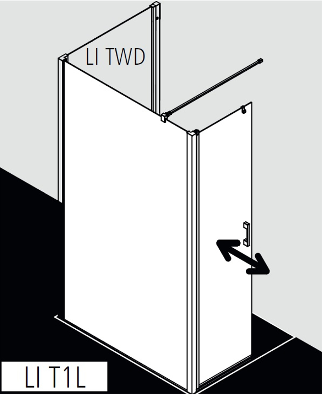 Zástěna Walk-in Wall s otočným křídlem Kermi Liga LIT1L levá stříbrná vysoký lesk, čiré ESG sklo s úpravou 103 x 200 cm