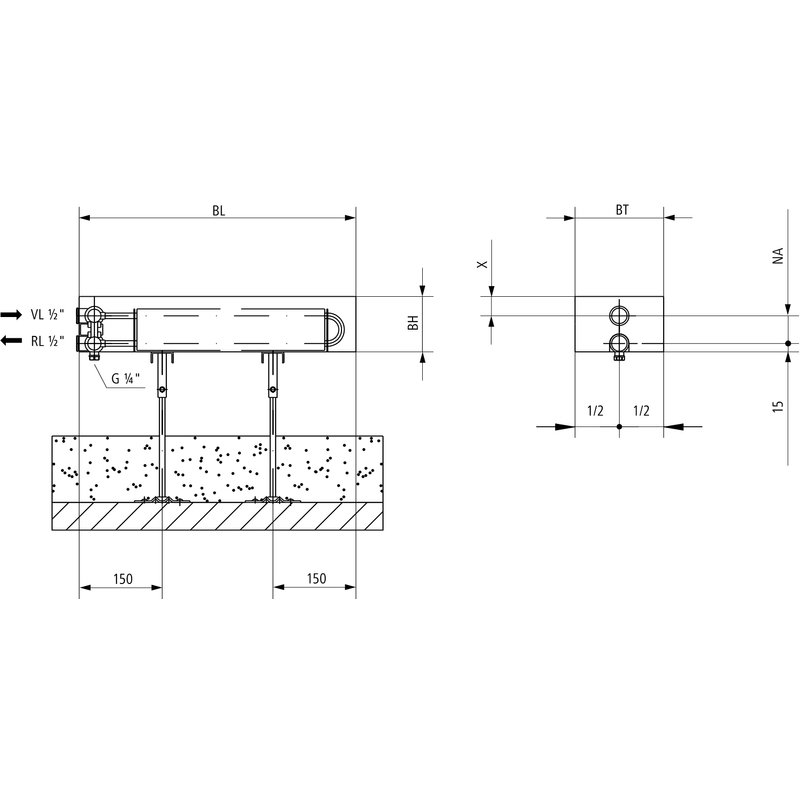 Konvektor Kermi Kompakt KKN10 150 x 1800 mm, 1064W, bílá, s mřížkou, připojení boční vlevo