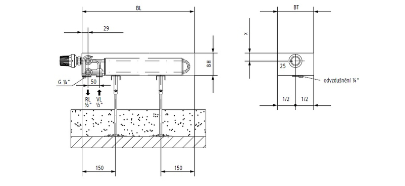 Konvektor Kermi Kompakt Ventil KKV10 150 x 3000 mm, 1773W, bílá, s mřížkou, připojení boční vlevo