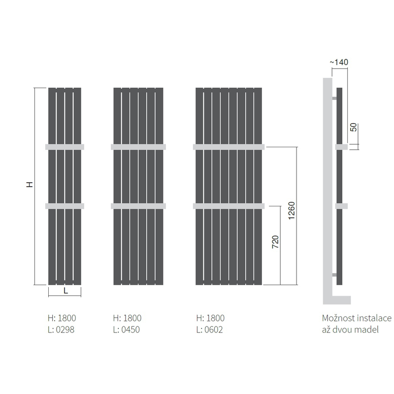 Těleso topné designové Isan Collom Uni 1800 x 602 mm, 1356 W, kombi + klasické připojení, sněhově bílá RAL 9016