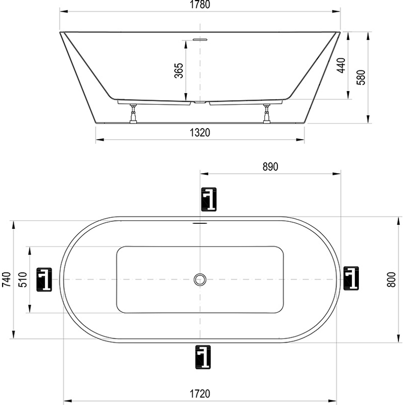 Vana Ravak Solo 178x80, volně stojící, bílá, krytka přepadu a odtoku černá