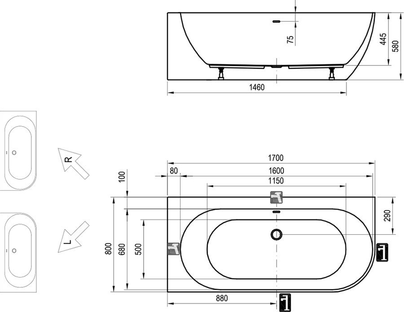 Vana Ravak Freedom Corner 170x80 L, volně stojící, bílá, krytka přepadu a odtoku bílá