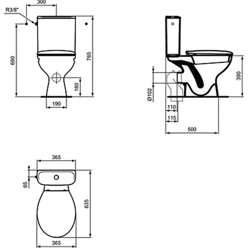 Klozet Kombi WC pack Ideal Standard Ullysse, vodorovný odpad, včetně zpomalovacího sedátka a nádržky, bílá