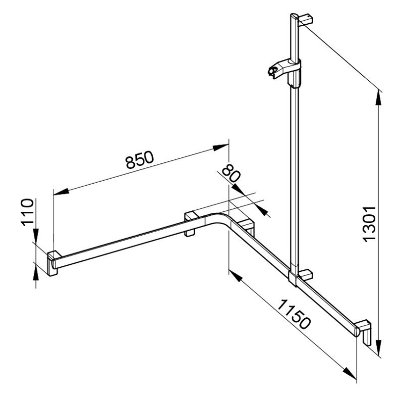 Sprchové madlo se sprchovou tyčí Keuco Axess, 850/1150/1301 mm, stříbrně eloxovaný hliník/pochromováno