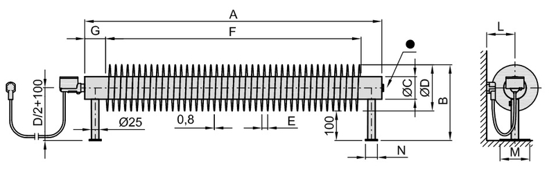 Radiátor žebrový elektrický Isan Spiral RA1, 57 x 137 x 500 mm, 200 W topná tyč s regulátorem Mini PW, na zem, bílá