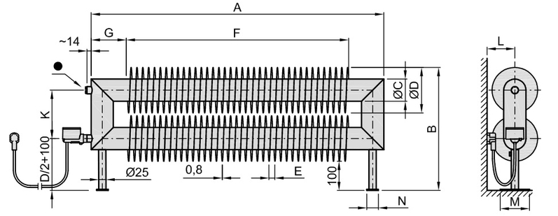 Radiátor žebrový elektrický Isan Spiral RAT2, 76 x 156 x 500 mm, 300 W topná tyč s regulátorem Mini PW, na zem, bílá