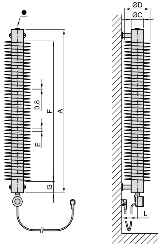 Radiátor žebrový elektrický Isan Spiral RA1, 57 x 137 x 500 mm, 200 W topná tyč s regulátorem Mini PW, vertikalní na zeď, bílá