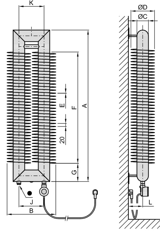 Radiátor žebrový elektrický Isan Spiral RAT2, 76 x 156 x 500 mm, 200 W topná tyč s regulátorem Mini PW, vertikalní na zeď, bílá