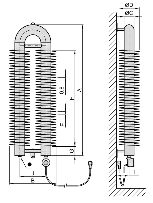 Radiátor žebrový elektrický Isan Spiral RAO2, 57 x 137 x 1500 mm, 600 W topná tyč s regulátorem Mini PW, vertikalní na zeď, bílá