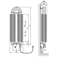 Radiátor žebrový elektrický Isan Spiral RAO2, 57 x 137 x 1500 mm, 600 W topná tyč s regulátorem Mini PW, vertikalní na zeď, bílá