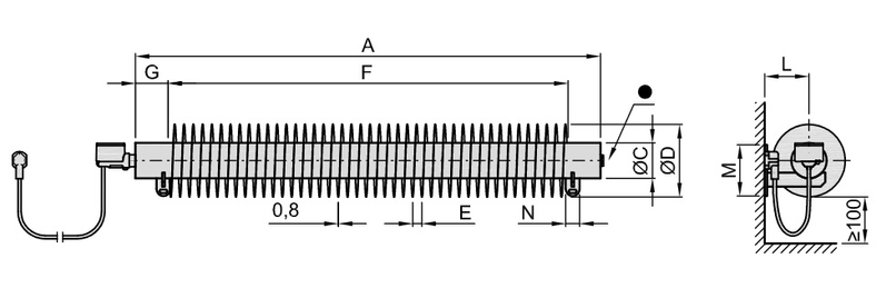 Radiátor žebrový elektrický Isan Spiral RA1, 76 x 156 x 1000 mm, 400 W základní topná tyč, na zeď, bílá