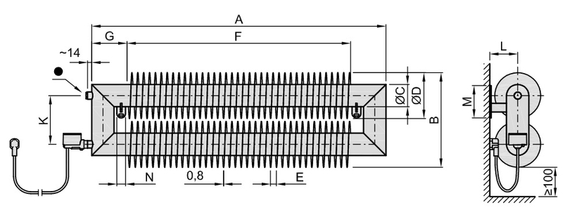 Radiátor žebrový elektrický Isan Spiral RAT2, 76 x 156 x 750 mm, 500 W základní topná tyč, na zeď, bílá