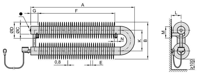 Radiátor žebrový elektrický Isan Spiral RAO2, 76 x 156 x 1750 mm, 1200 W základní topná tyč, na zeď, bílá