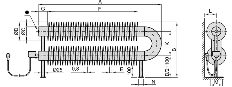 Radiátor žebrový elektrický Isan Spiral RAO2, 76 x 156 x 2000 mm, 1200 W univerzální topná tyč se systémem NEXUS, na zem, bílá