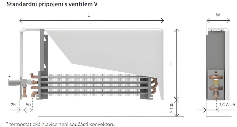 Konvektor nástěnný Isan Ecolite Round 300 x 82 x 500 mm, 158 W, připojení vpravo, bílá