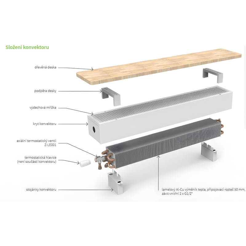 Konvektor samostojný s bukovou deskou Isan Ecolite Cube 150 x 138 x 1100 mm, 649 W, připojení vpravo, bílá/buk