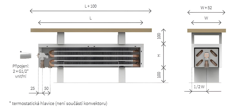 Konvektor samostojný s bukovou deskou Isan Ecolite Cube 150 x 138 x 1200 mm, 716 W, připojení vpravo, bílá/buk