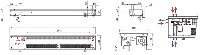 Konvektor podlahový do mokrého prostředí s ventilátoremí Isan Termo FRB 90 x 200 x 2500 mm, 3480 W, připojení vlevo, výměník nerezový, mřížka Natur příčná rolovací hliník