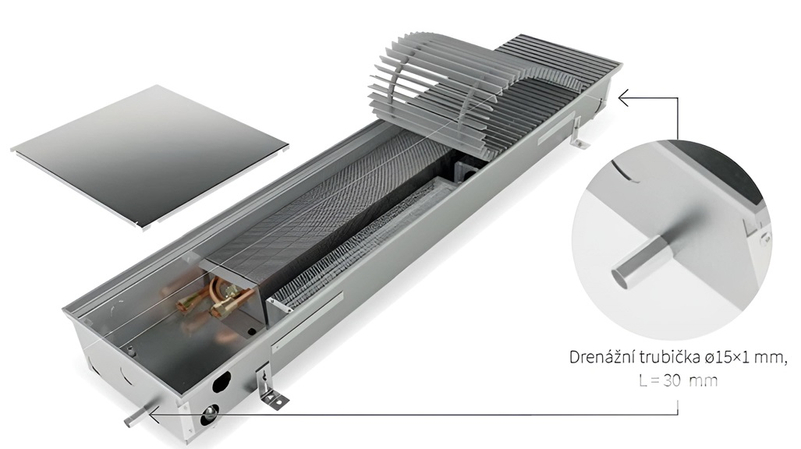 Konvektor podlahový do mokrého prostředí s ventilátoremí Isan Termo FRB 90 x 200 x 2500 mm, 3480 W, připojení vlevo, výměník nerezový, mřížka Natur příčná rolovací hliník