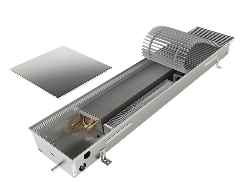 Konvektor podlahový do mokrého prostředí s ventilátoremí Isan Termo FRB 90 x 200 x 2500 mm, 3480 W, připojení vlevo, výměník nerezový, mřížka Natur příčná rolovací hliník