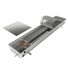 Konvektor podlahový do mokrého prostředí s ventilátoremí Isan Termo FRB 90 x 200 x 2700 mm, 3762 W, připojení vlevo, výměník nerezový, mřížka Natur příčná rolovací hliník