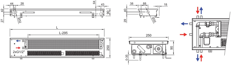 Konvektor podlahový do mokrého prostředí s ventilátoremí Isan Termo FRB 90 x 250 x 700 mm, 752 W, připojení vlevo, výměník nerezový, mřížka Natur příčná rolovací hliník