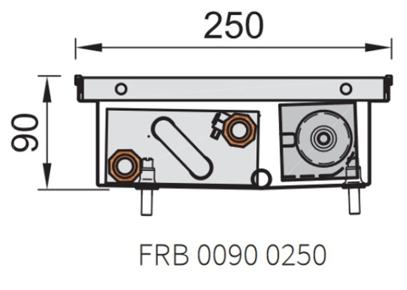 Konvektor podlahový do mokrého prostředí s ventilátoremí Isan Termo FRB 90 x 250 x 800 mm, 1003 W, připojení vlevo, výměník nerezový, mřížka Natur příčná rolovací hliník