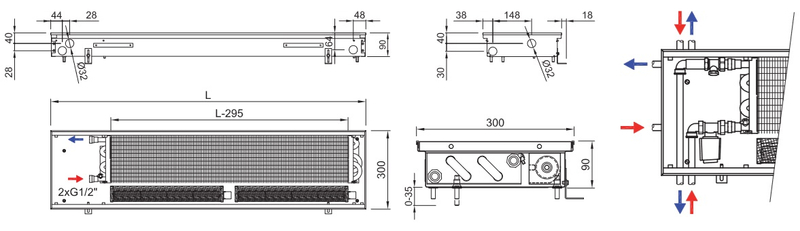 Konvektor podlahový do mokrého prostředí s ventilátoremí Isan Termo FRB 90 x 300 x 1200 mm, 2138 W, připojení vlevo, výměník nerezový, mřížka Natur příčná rolovací hliník