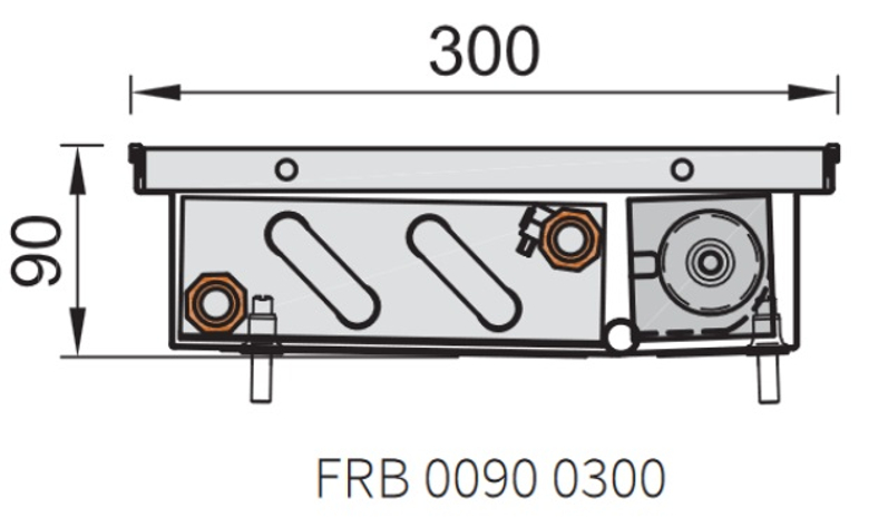 Konvektor podlahový do mokrého prostředí s ventilátoremí Isan Termo FRB 90 x 300 x 1200 mm, 2138 W, připojení vlevo, výměník nerezový, mřížka Natur příčná rolovací hliník