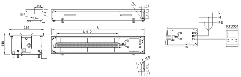 Konvektor podlahový elektrický s regulátorem Isan Termo FEK 140 x 225 x 800 mm, 250 W, připojení vpravo, výměník ocelový, mřížka Natur příčná nerolovací hliník