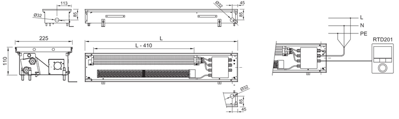 Konvektor podlahový elektrický s ventilátorem a regulátorem Isan Termo FET 110 x 225 x 800 mm, 550 W, připojení vpravo, výměník ocelový, mřížka Natur příčná nerolovací hliník